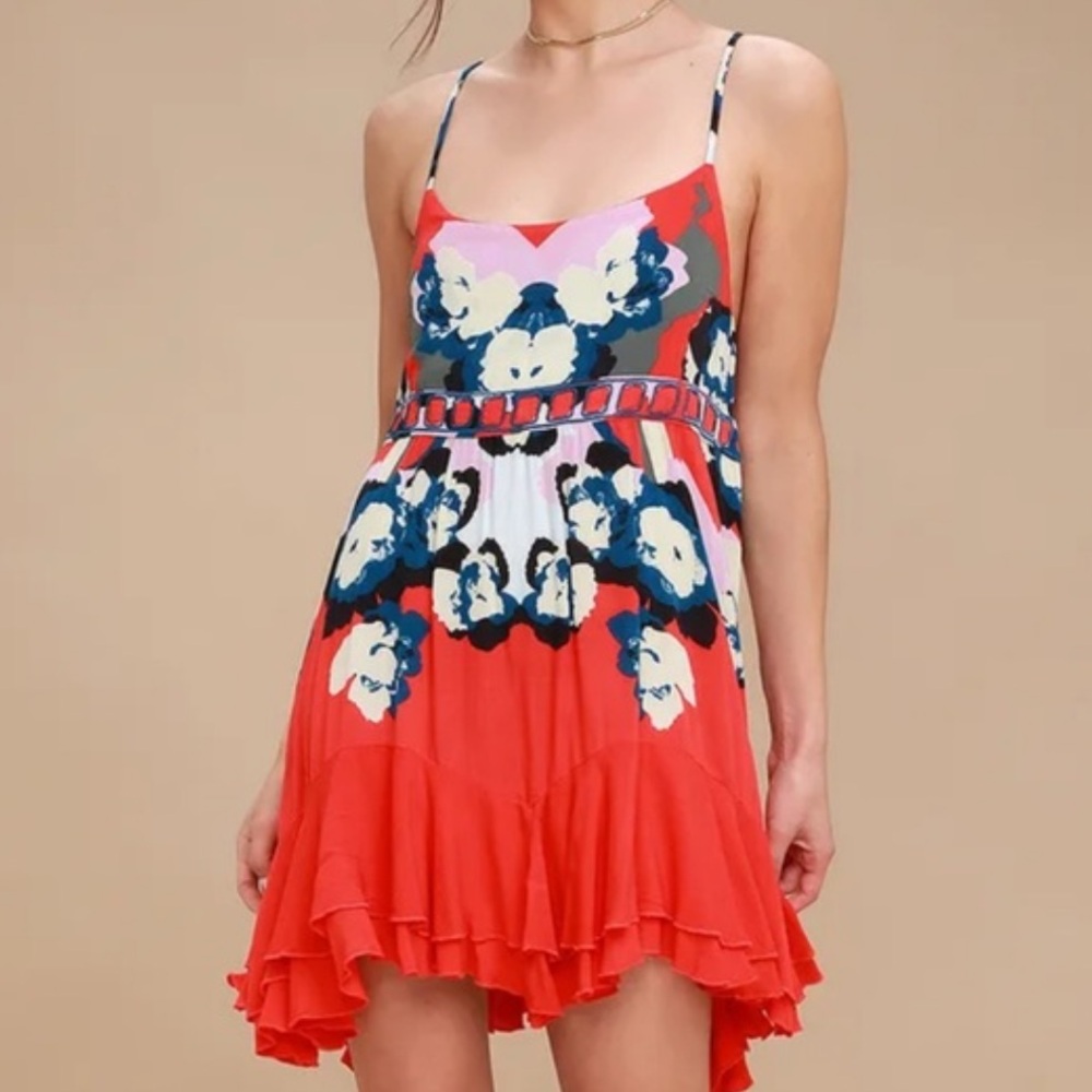 Free People Sweet Lucy Floral Multicolor Dress Cherry Kiss Combo Sz XS